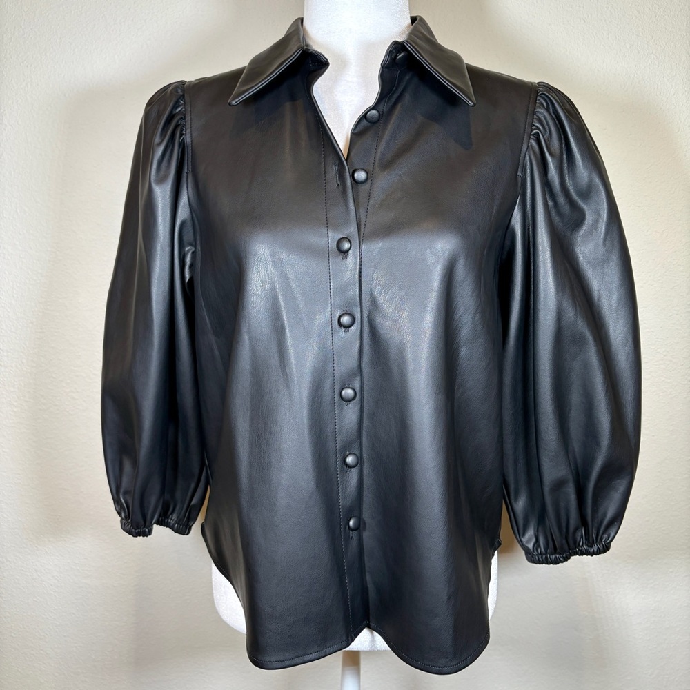Zara Black Vegan Leather Button-Down Shirt Size Small